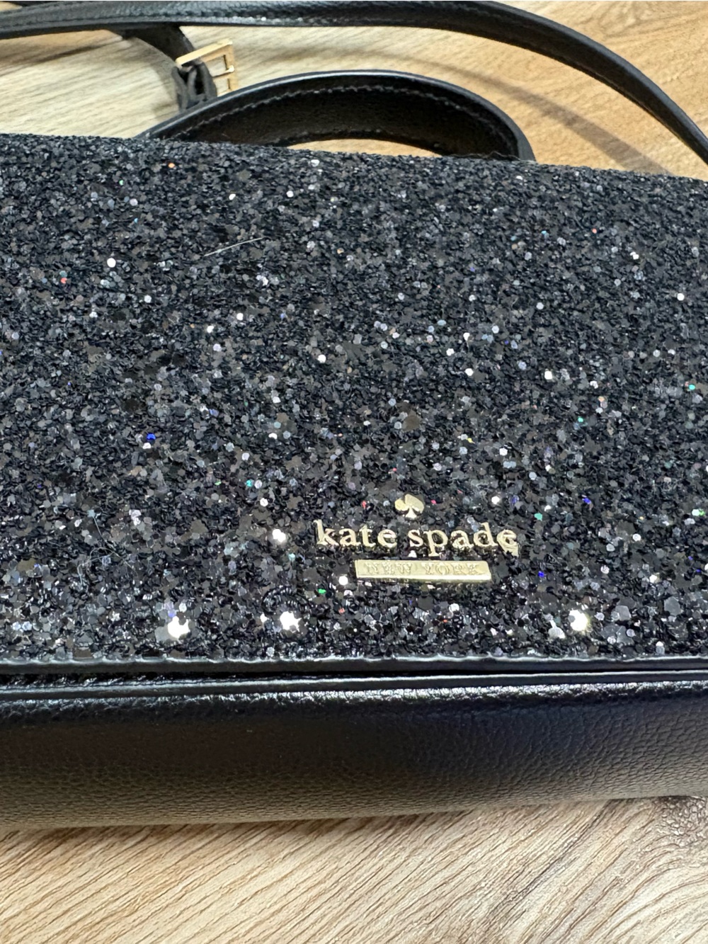 kate spade Black Glitter Crossbody with Gold Logo